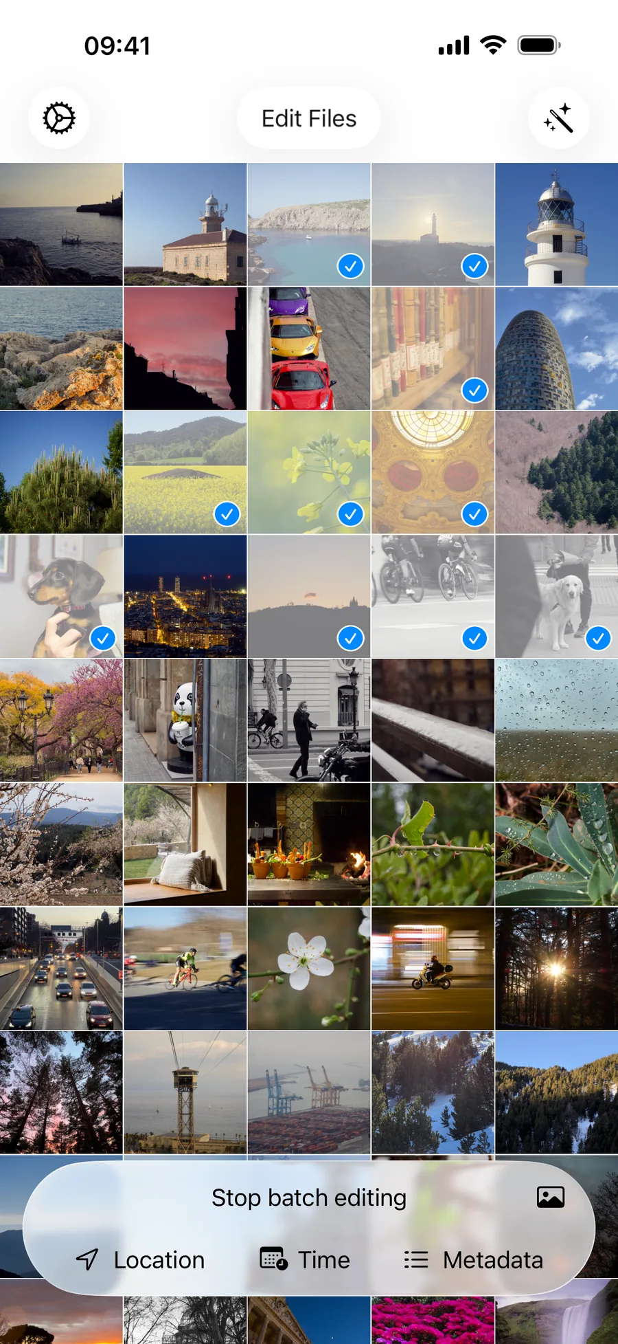 Select multiple photos for batch metadata editing in the iPhone photo library
