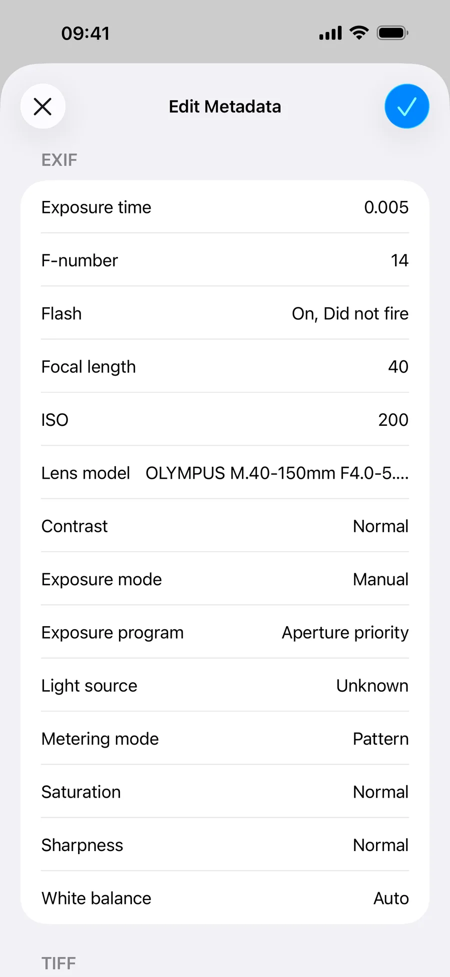 Edit EXIF photo metadata including exposure, aperture, focal length and ISO on an iPhone