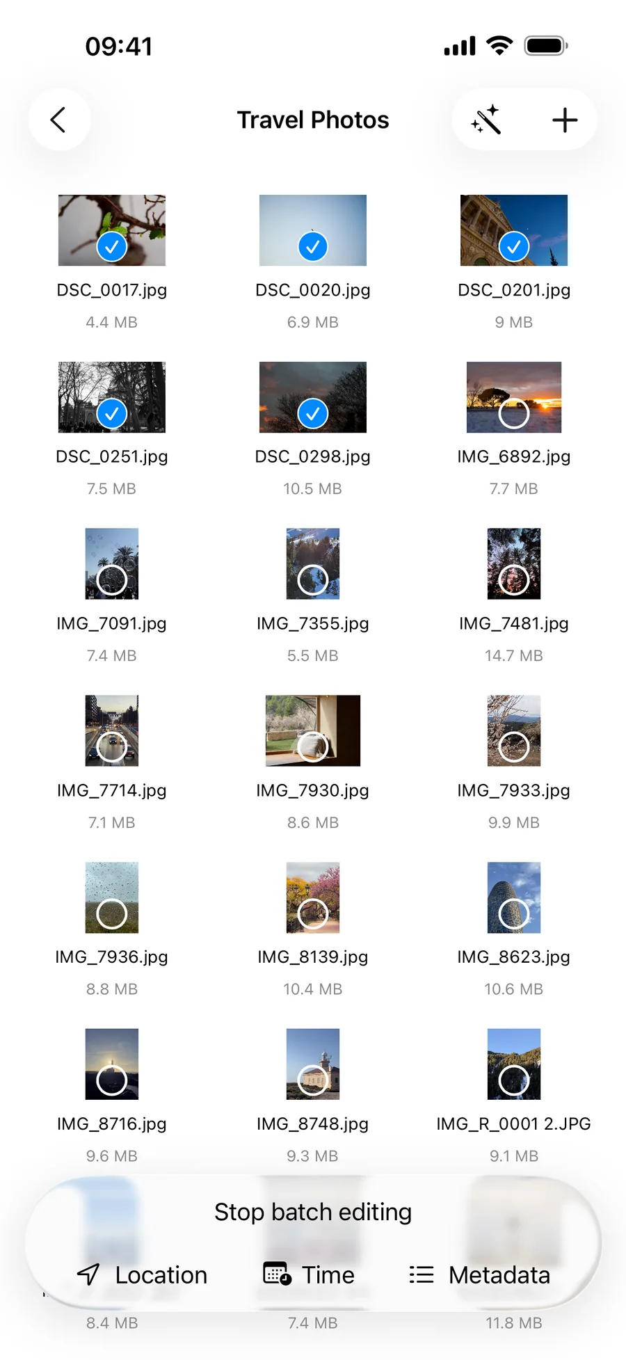 Select multiple photos from Files for batch metadata editing with Metadata Editor on an iPhone