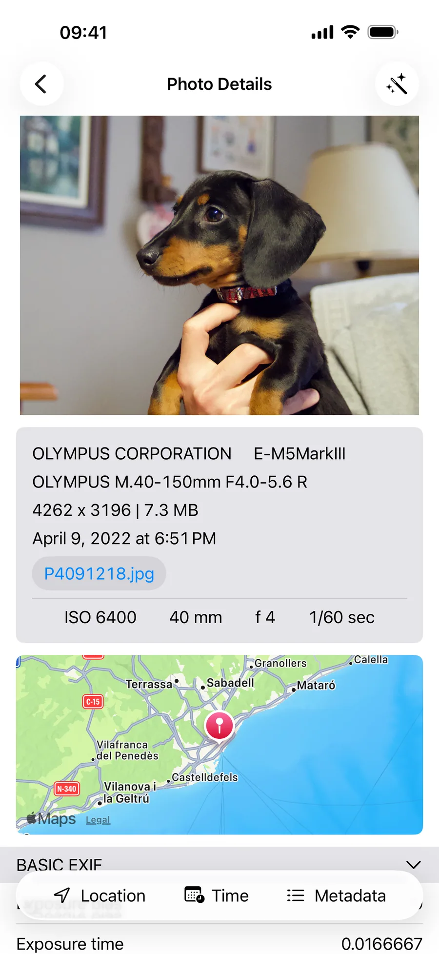View photo EXIF details, camera settings, filename and GPS location with Metadata Editor on an iPhone