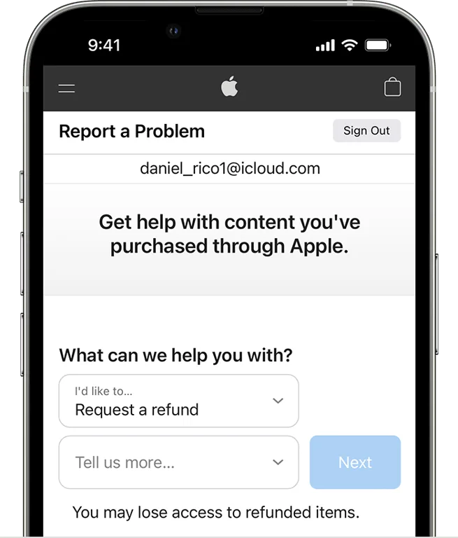 Apple Report a Problem page with Request a refund selected