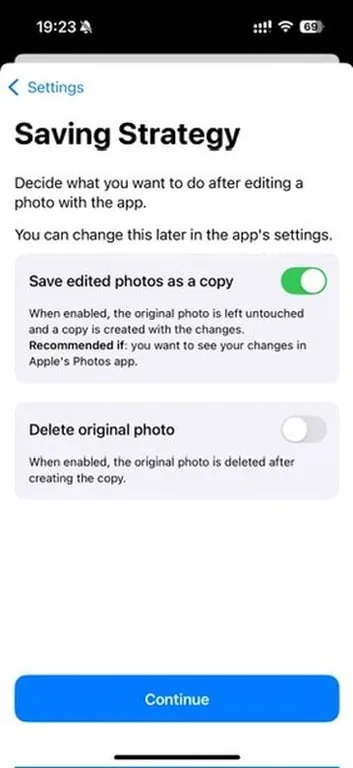 Metadata Editor settings on iPhone with Save edited photos as a copy enabled